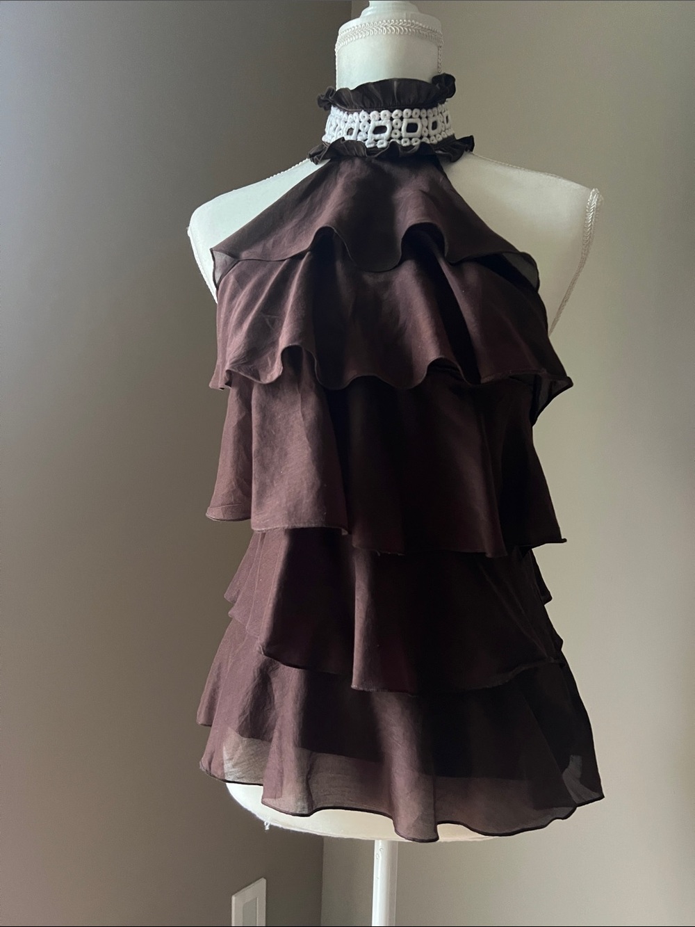 bebe Chocolate Brown Ruffle Halter Camisole
